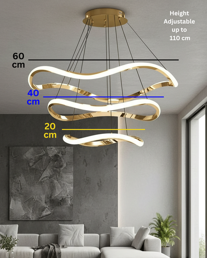 Swanart modern LED hanging light with wave design and gold finish, featuring 3-color dimmable LED ceiling fixture for living or dining room