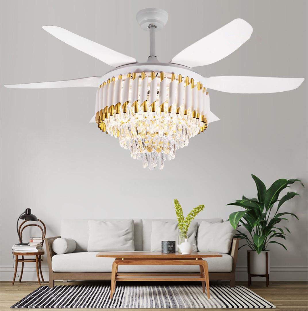 Swanart 42-inch crystal ceiling fan with gold and white finish, 5 blades, LED light, remote control, ideal for living or dining rooms