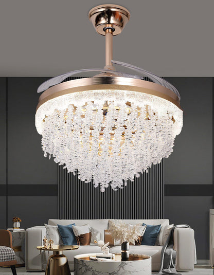 Swanart Luxury Crystal Ceiling Fan Chandelier with LED Light, Modern Gold Retractable Blade Fan, Remote Control, Decorative Ceiling Light for Living Room, Bedroom & Hall