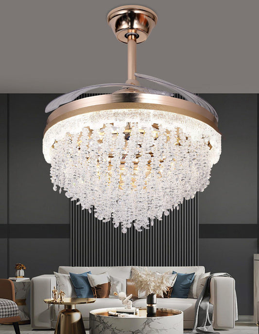 Swanart Luxury Crystal Ceiling Fan Chandelier with LED Light, Modern Gold Retractable Blade Fan, Remote Control, Decorative Ceiling Light for Living Room, Bedroom & Hall