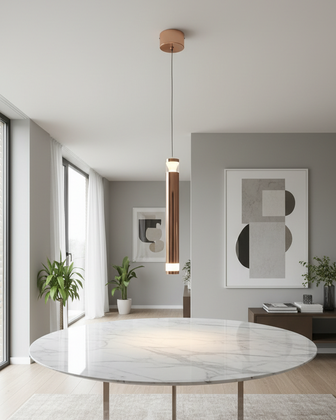 Swanart Modern LED Pendant Light for Living Room, Hanging Light, Pendant Lamp, Ceiling Suspension Light, Adjustable Height Rose Gold Cylinder Pendant Light for Dining Room, Bedroom & Kitchen Island