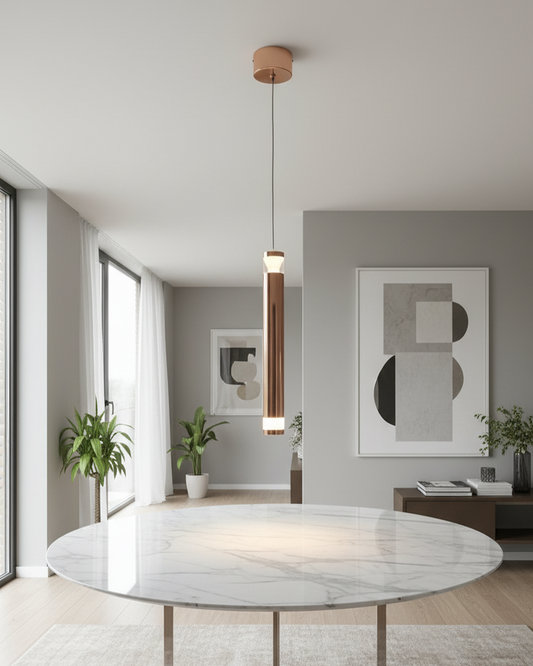 Swanart modern LED pendant light with rose gold cylinder design hanging in a living room setting, adjustable height ceiling suspension.