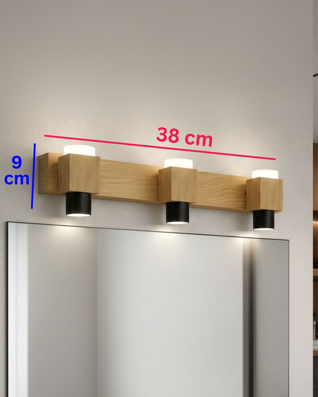 Swanart modern LED wall mirror light with three warm white wooden sconces for bathroom vanity or dressing table decor.