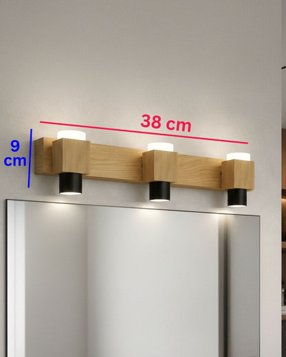 Swanart modern LED wall mirror light with three warm white wooden sconces for bathroom vanity or dressing table decor.