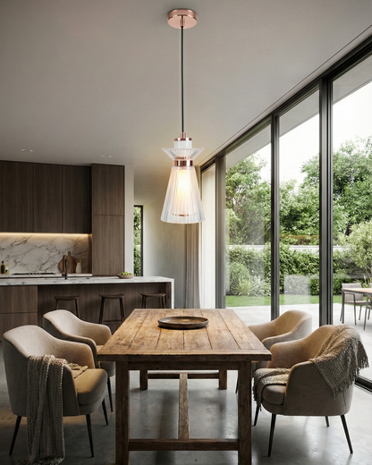 Swanart modern glass pendant light with rose gold finish hanging from ceiling, adjustable height in living room or kitchen.