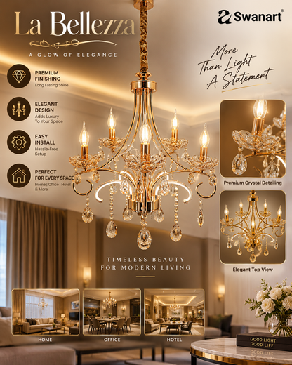 Elegant Swanart Grandeur handcrafted Italian chandelier with five crystal bulbs, showcasing intricate design and luxurious lighting.