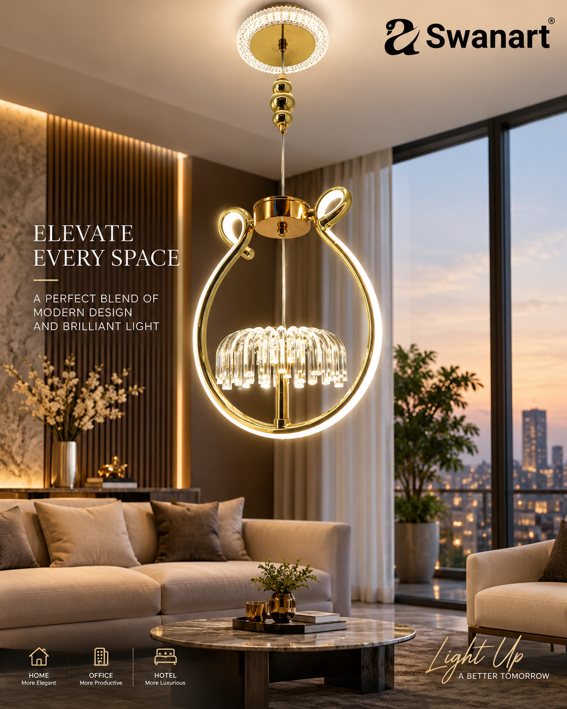 Swanart modern gold halo pendant light with glass rods, stylish LED hanging lamp, adjustable height for dining, living, or bedroom decor