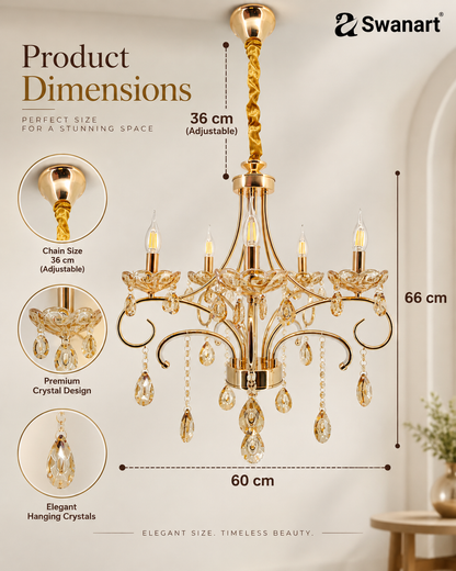 Infographic showing dimensions of Swanart Experience Grandeur handcrafted Italian chandelier with five bulbs and ornate design.
