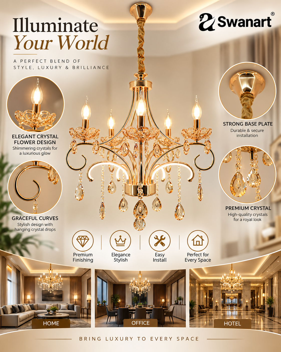 Elegant gold crystal Italian chandelier by Swanart with five handcrafted bulbs, showcasing luxurious craftsmanship and intricate design.