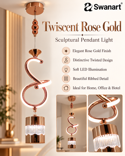 Swanart modern rose gold spiral pendant light with crystal accents, hanging LED lamp with adjustable height for dining, living, or bedroom.