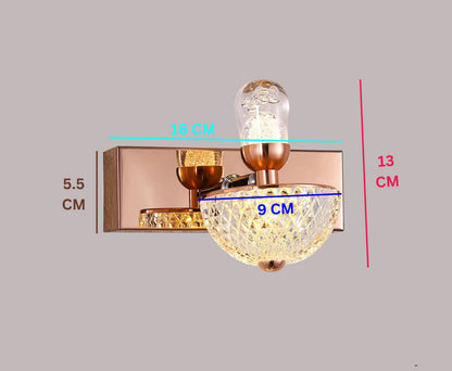 Swanart rose gold crystal wall sconce with diamond-cut glass shade, modern LED dimmable wall light for living room, bedroom, or hallway.