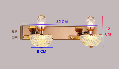 Modern Swanart rose gold wall sconce with dual LED lights and diamond cut glass shades, ideal for living room or bedroom decor.