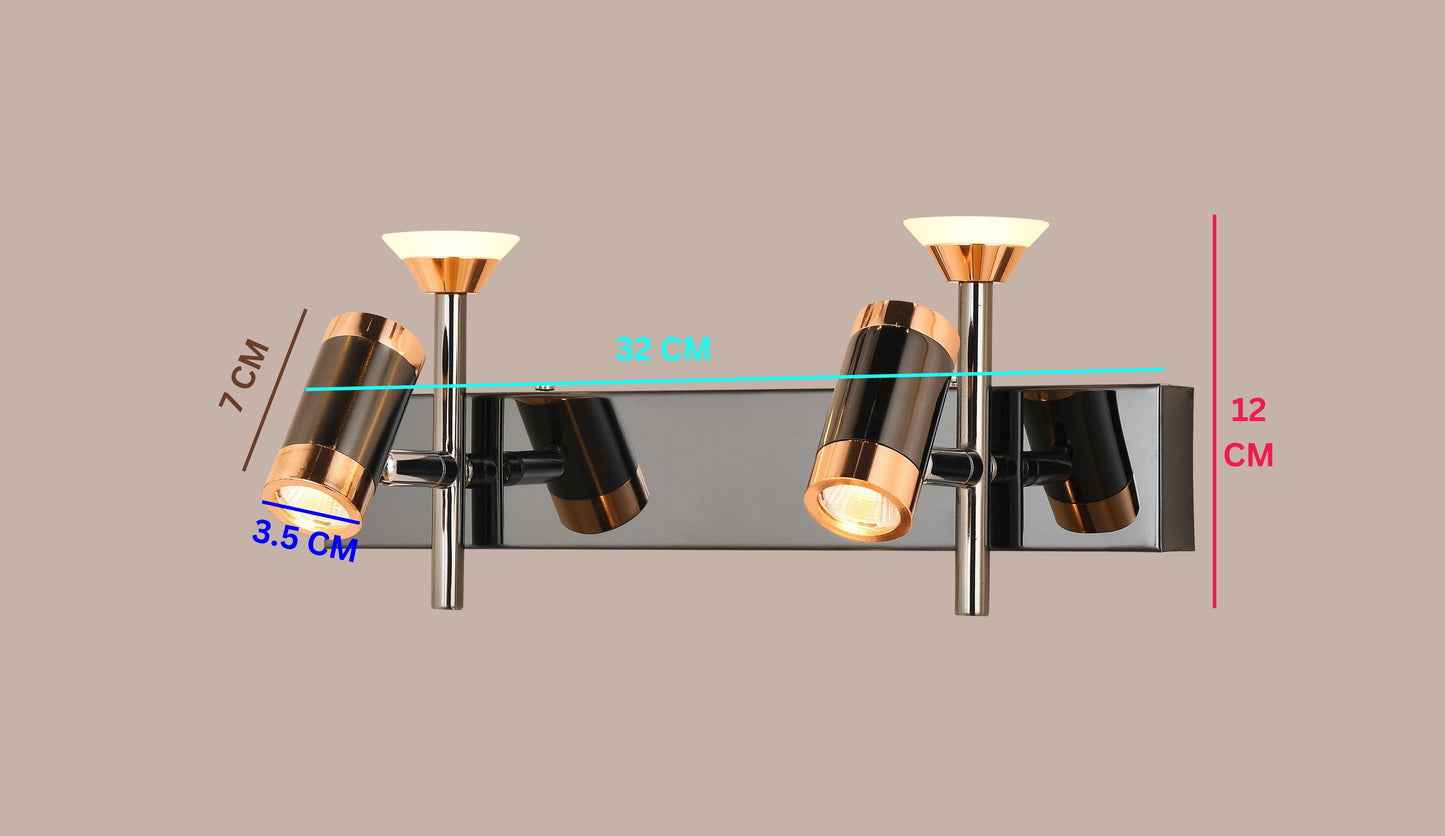 Modern black and rose gold Swanart wall sconce with dual adjustable LED cylindrical shades for living room, bedroom, or office decor.
