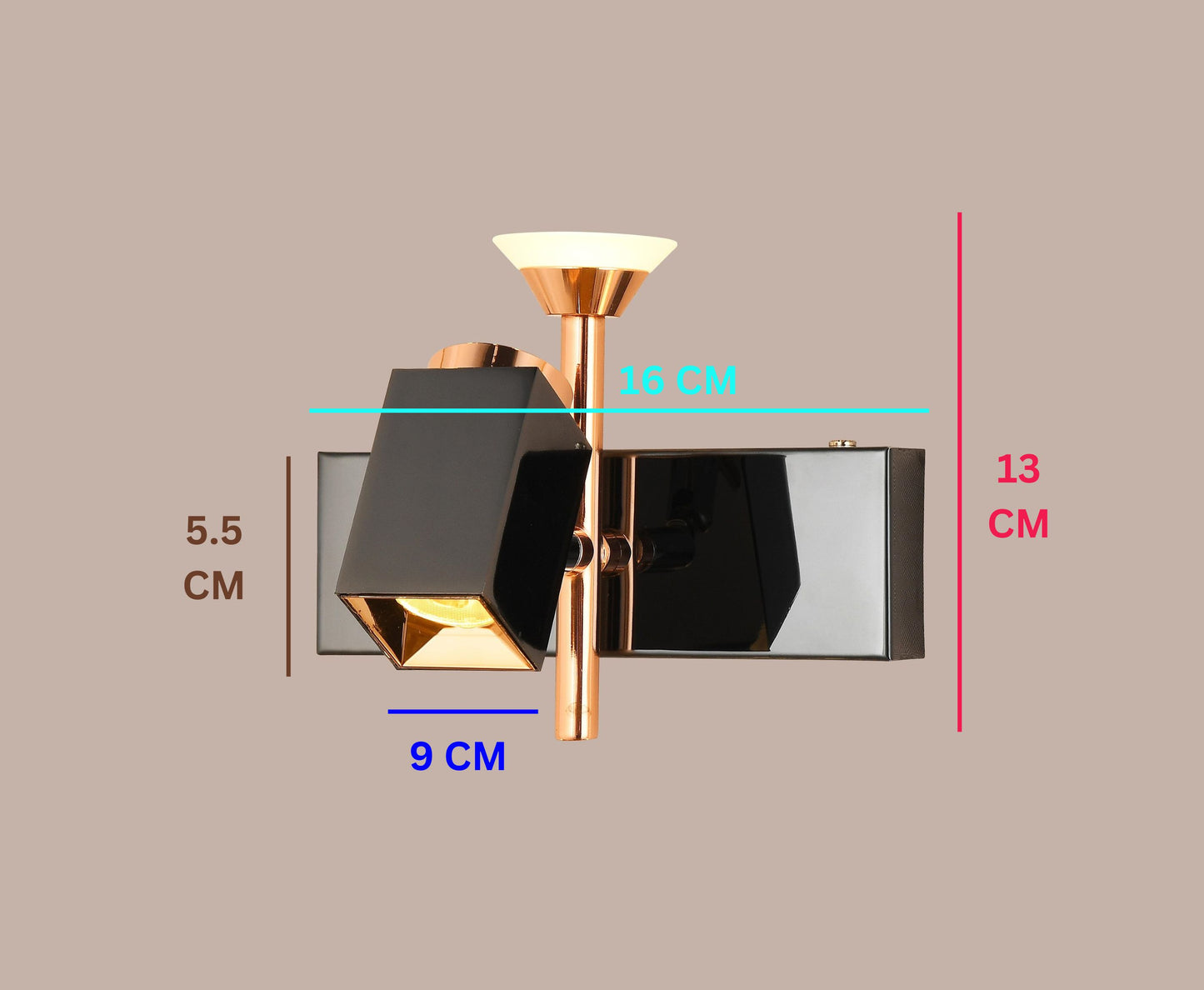Modern black and rose gold Swanart wall sconce with dual LED lights, adjustable angles, suitable for living room, bedroom, or office decor.