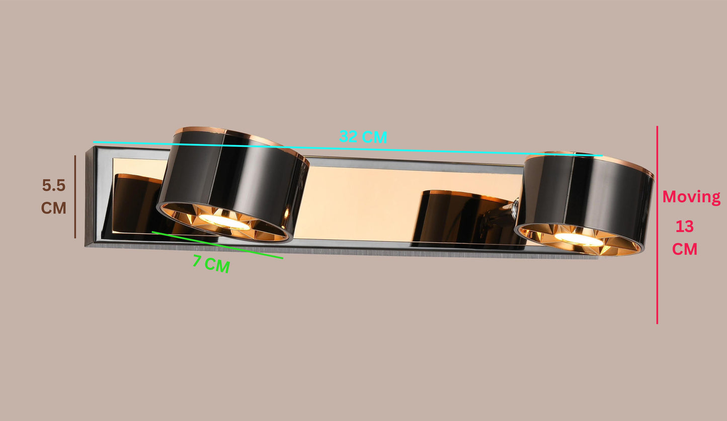 Swanart modern rose gold and black wall sconce with dual cylindrical LED lights, adjustable for living room, bedroom, or hallway decor