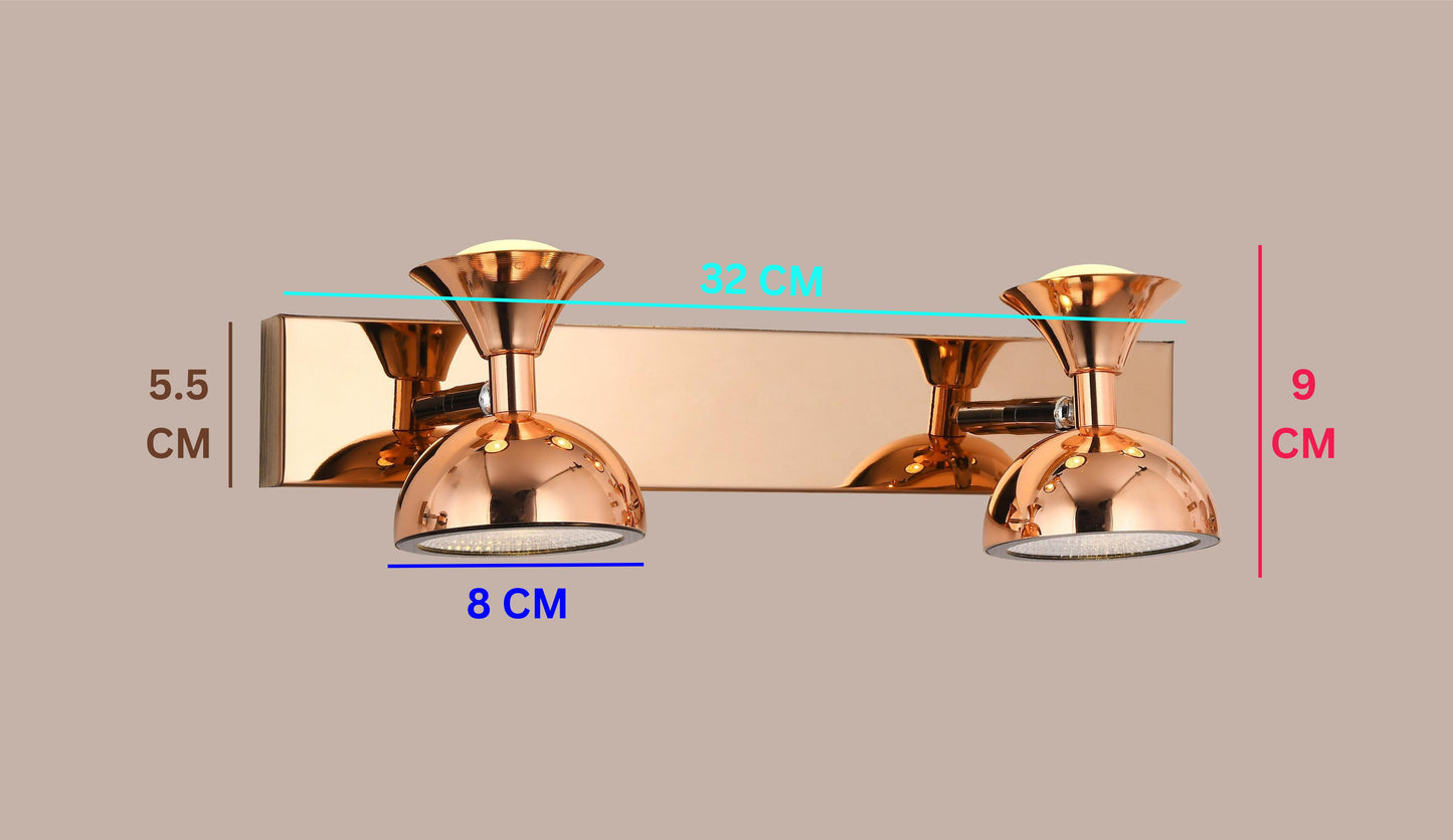 Swanart Modern Rose Gold Dual LED Wall Sconce with adjustable double dome shades, energy-efficient lighting for living rooms and hallways.