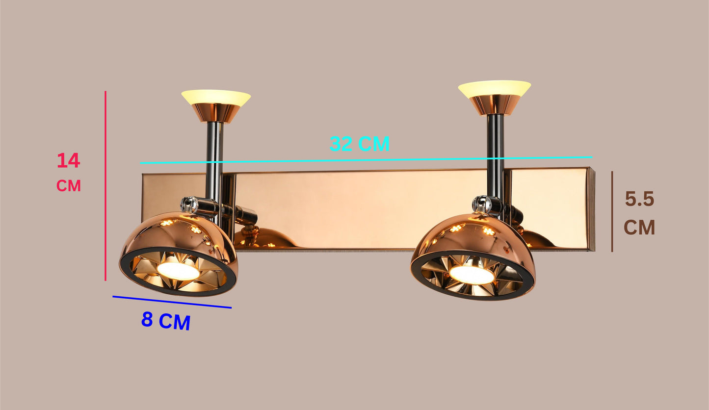 Swanart modern rose gold dual LED wall sconce with adjustable vanity lights for bathroom, bedroom, or living room decor.