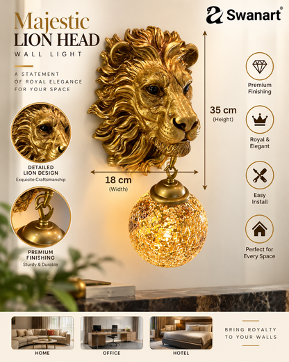 Swanart majestic lion head wall sconce with crystal globe lamp, gold finish, decorative lion mane, ideal for luxurious living room decor.