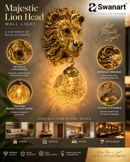 Swanart majestic lion head wall sconce with crystal globe lamp in antique gold finish, decorative lion mane for luxurious home lighting