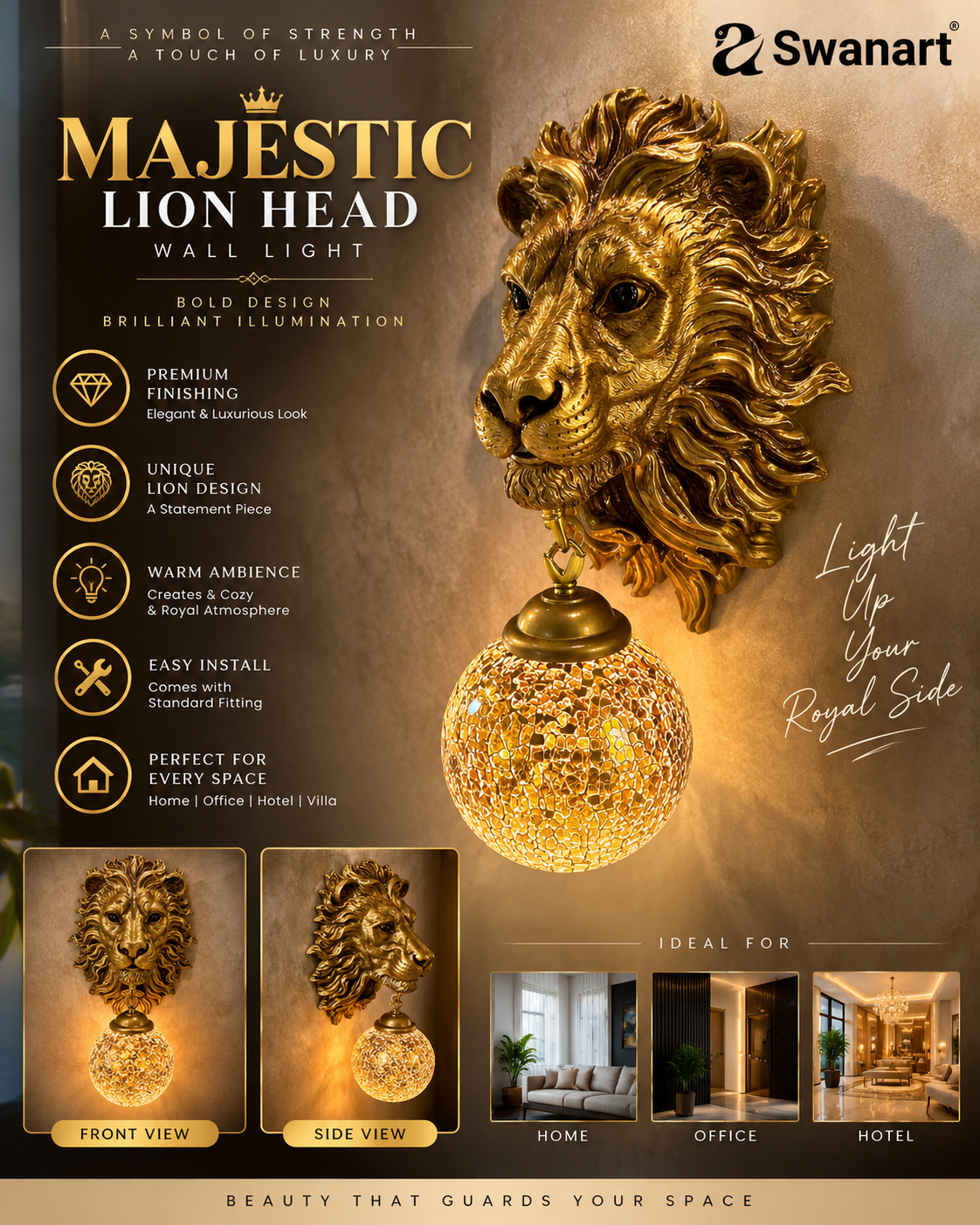 Swanart Majestic Lion Head Wall Sconce with Crystal Globe Lamp – Luxurious Wall Lighting for Living Room, Bedroom, Hallway – Antique Gold Finish, Decorative Lion Mane – Unique Home Décor Accent - Swanart