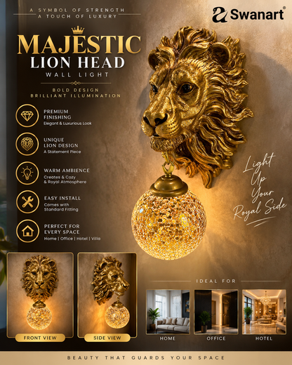 Swanart Majestic Lion Head Wall Sconce with Crystal Globe Lamp – Luxurious Wall Lighting for Living Room, Bedroom, Hallway – Antique Gold Finish, Decorative Lion Mane – Unique Home Décor Accent - Swanart