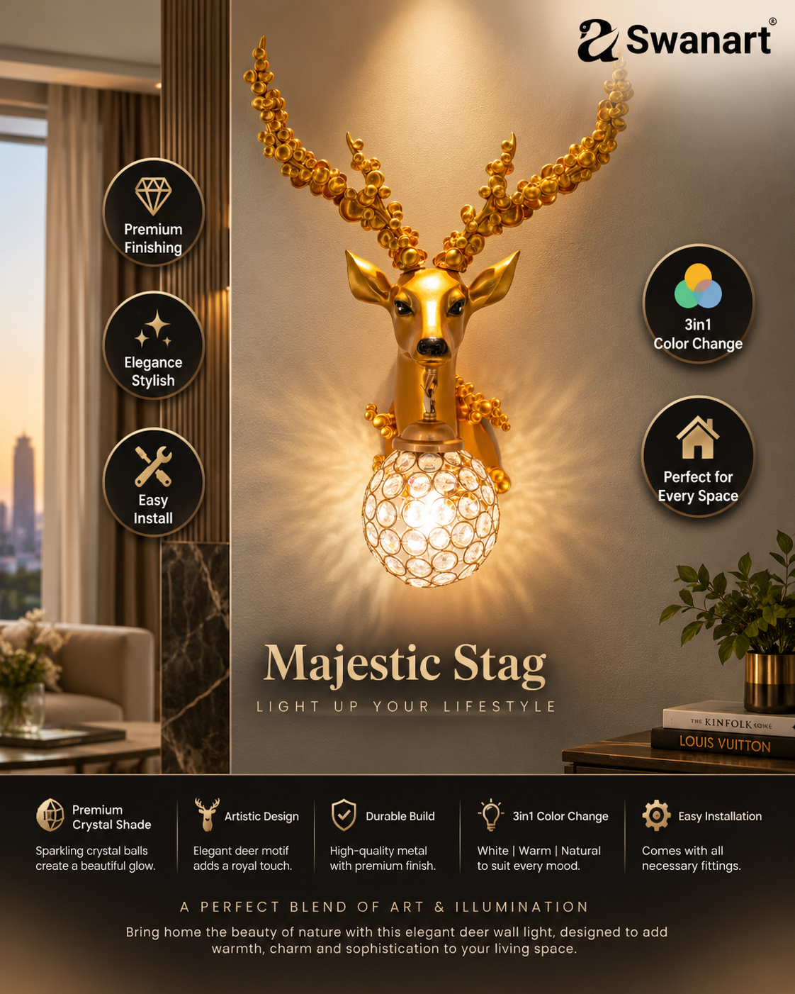 Swanart Elegant Deer Wall Lighting Fixture - Antler Design LED Sconce for Rustic Home Decor Light