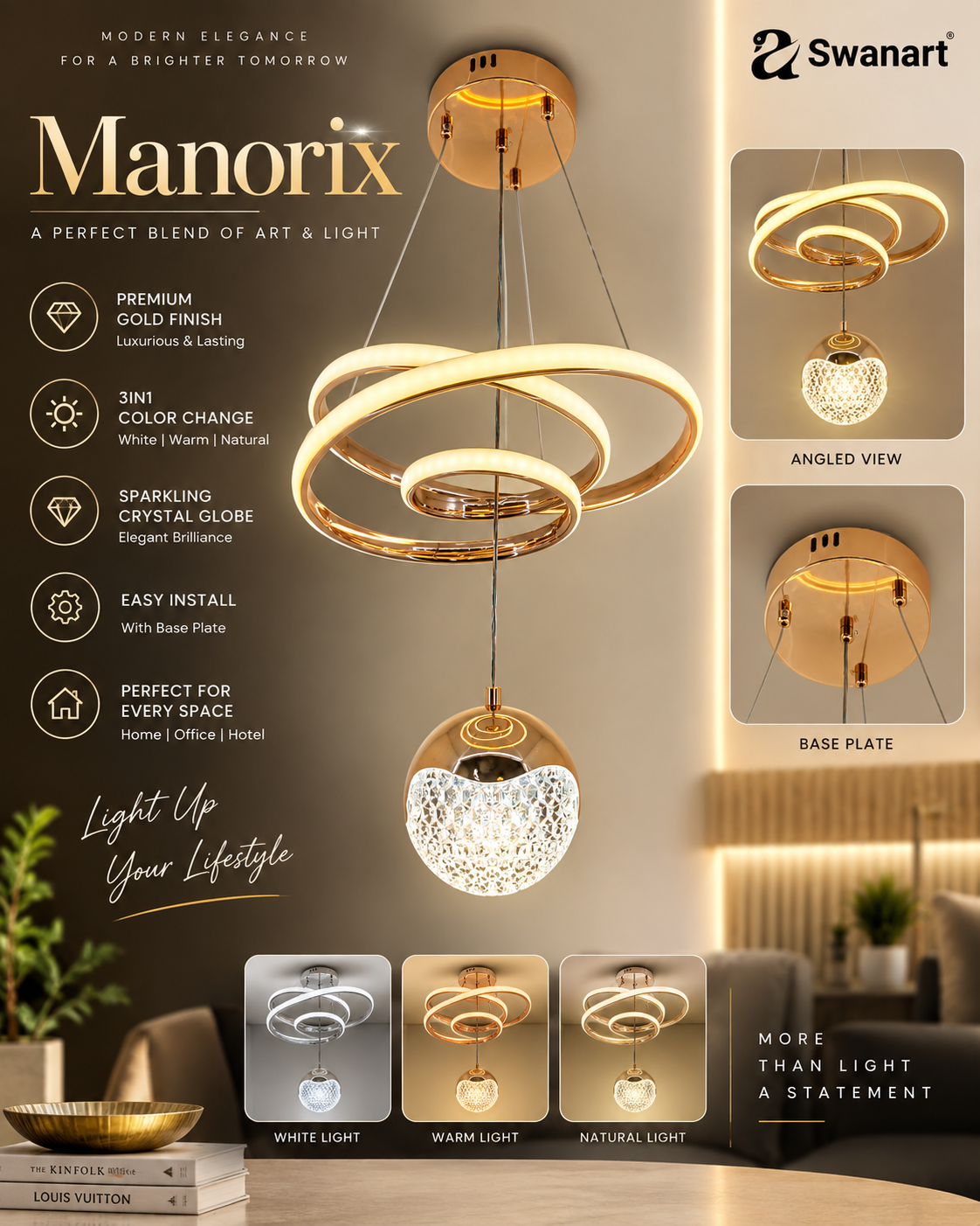 Swanart modern LED ceiling pendant light with crystal ball and spiral chandelier design, dimmable hanging lamp in gold finish
