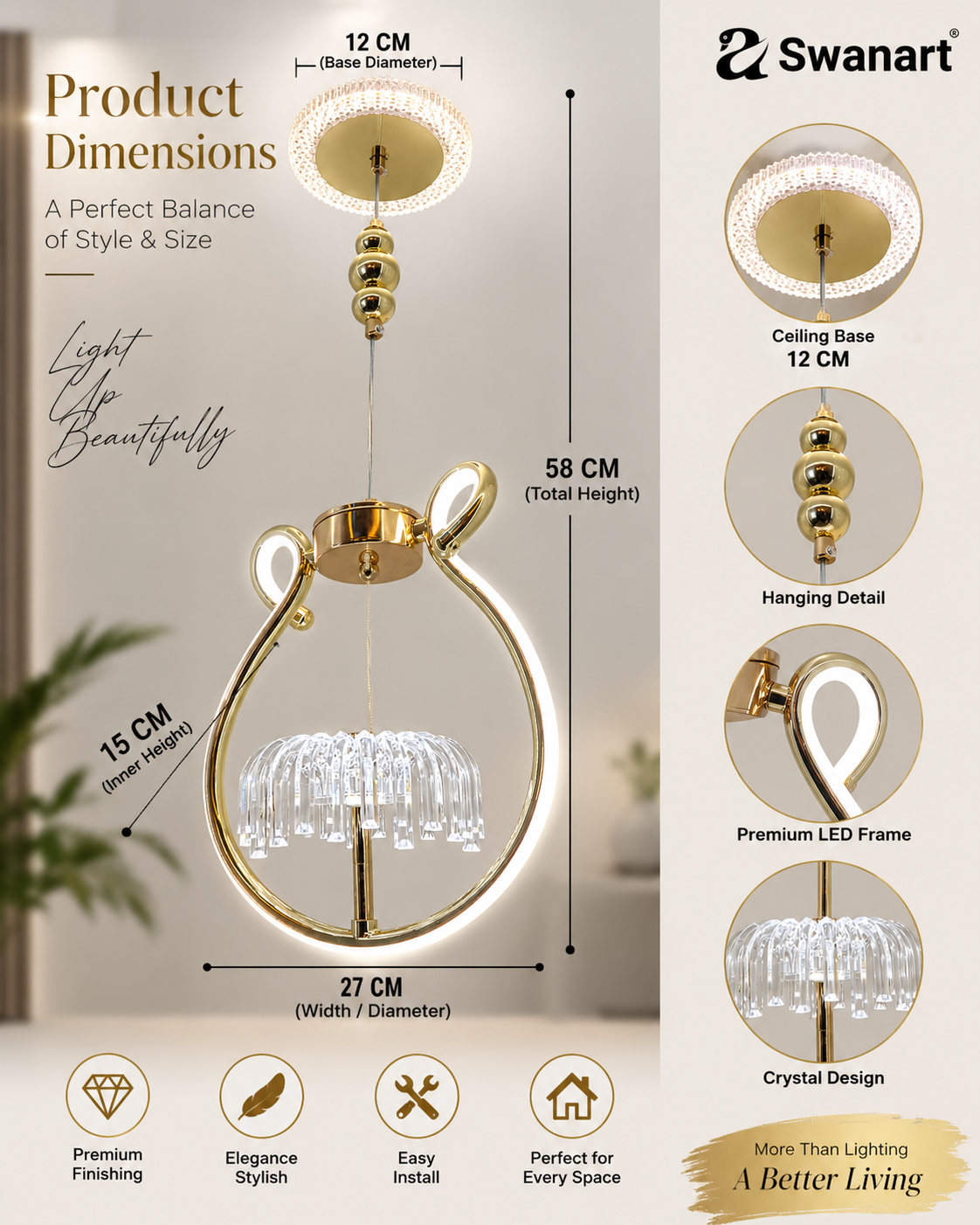 Infographic showing dimensions of Swanart modern gold halo pendant light with glass rods and adjustable height for dining or living rooms