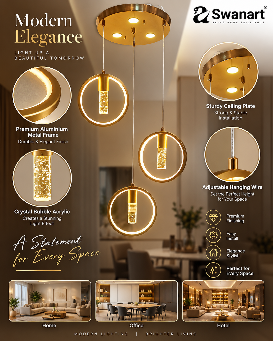 Swanart Radiant Charm Crystal Gel Golden Pendant Light - Elegant Hanging Ceiling Lamp with Sparkling Crystals for Home Decor