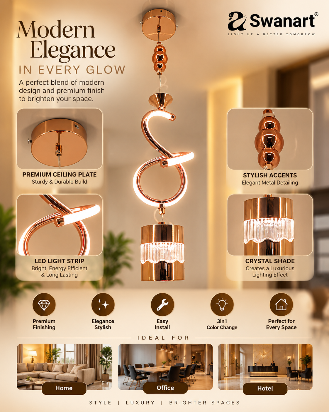 Swanart modern rose gold spiral pendant light with crystal accents, hanging from a ceiling, adjustable height, ideal for living or dining rooms.