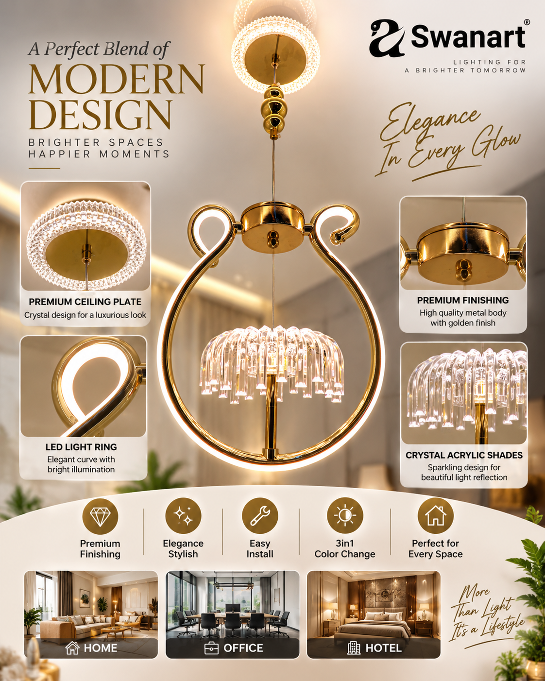Swanart modern gold halo pendant light with glass rods, adjustable height LED hanging lamp for dining, living, or bedroom decor