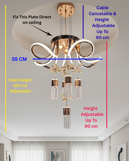 Swanart modern crystal LED chandelier with gold finish and floral design hanging from ceiling in a stylish living room setting