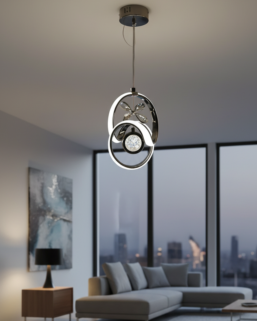 Swanart Modern LED Pendant Light for Living Room, Hanging Light with Crystal Accent, Adjustable Height Chandelier Light, Decorative Ceiling Pendant Lamp for Dining Room, Bedroom & Hallway