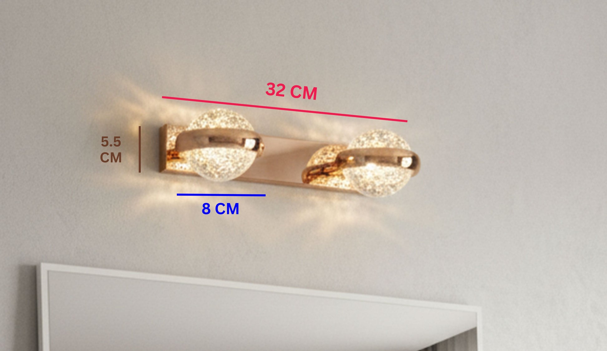Swanart gold crystal wall light with double globe LED vanity fixtures, warm white mirror lighting for bathroom or bedroom decor.
