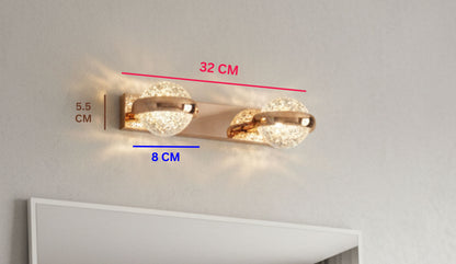 Swanart gold crystal wall light with double globe LED vanity fixtures, warm white mirror lighting for bathroom or bedroom decor.