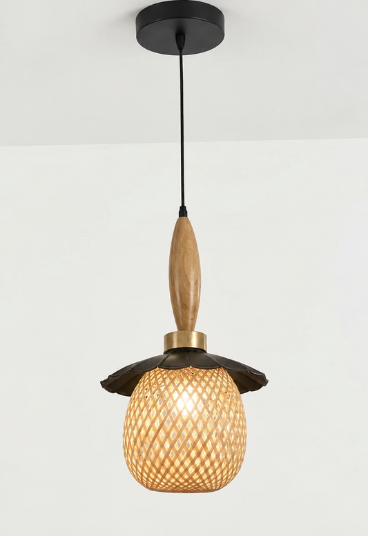 Swanart modern wooden mesh pendant light with black metal cage shade, hanging from ceiling in dining room or kitchen.