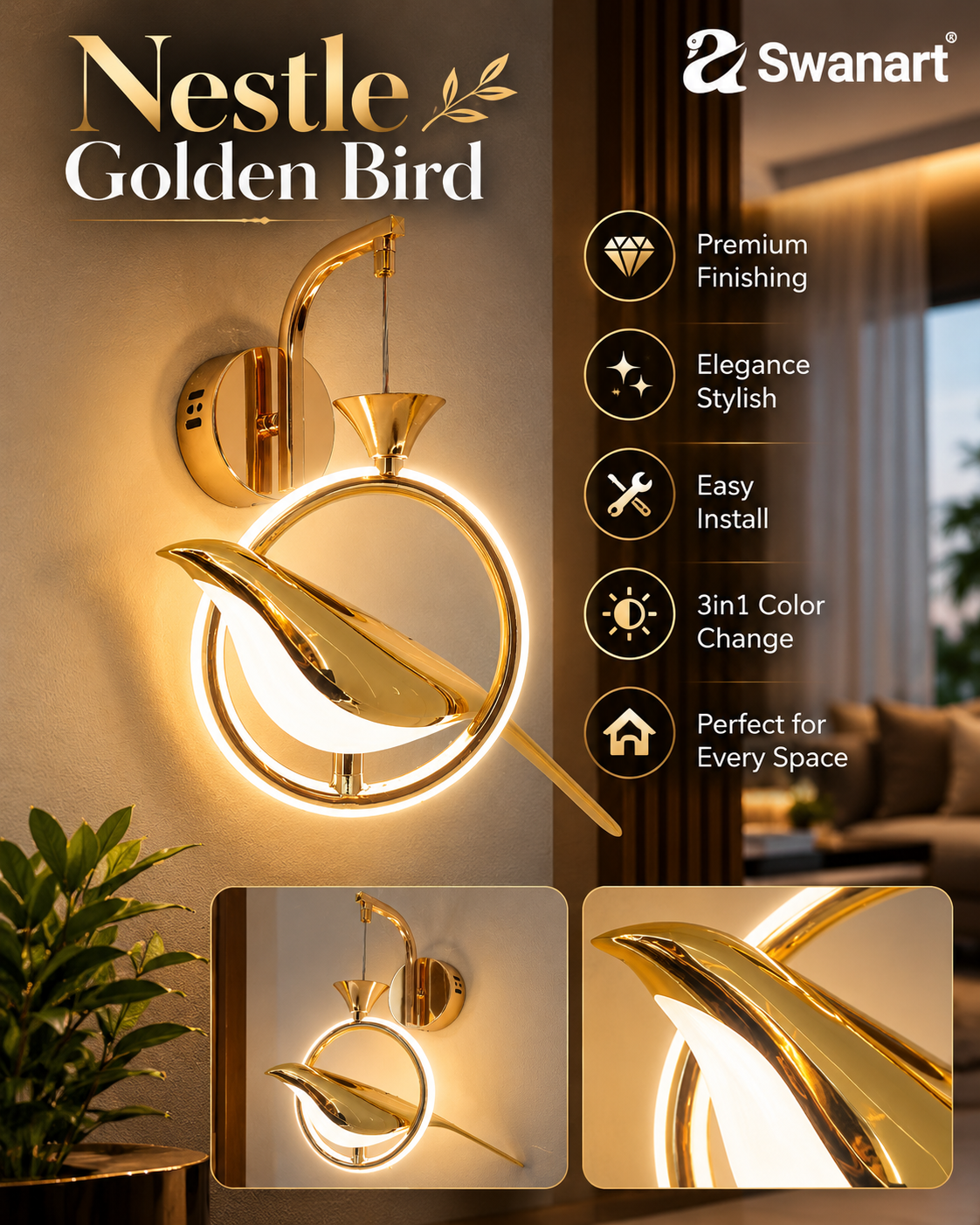 Swanart modern bird-shaped LED wall light in gold and white with artistic design, ideal for bedrooms, living rooms, or hallways.