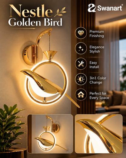 Swanart modern bird-shaped LED wall light in gold and white with artistic design, ideal for bedrooms, living rooms, or hallways.