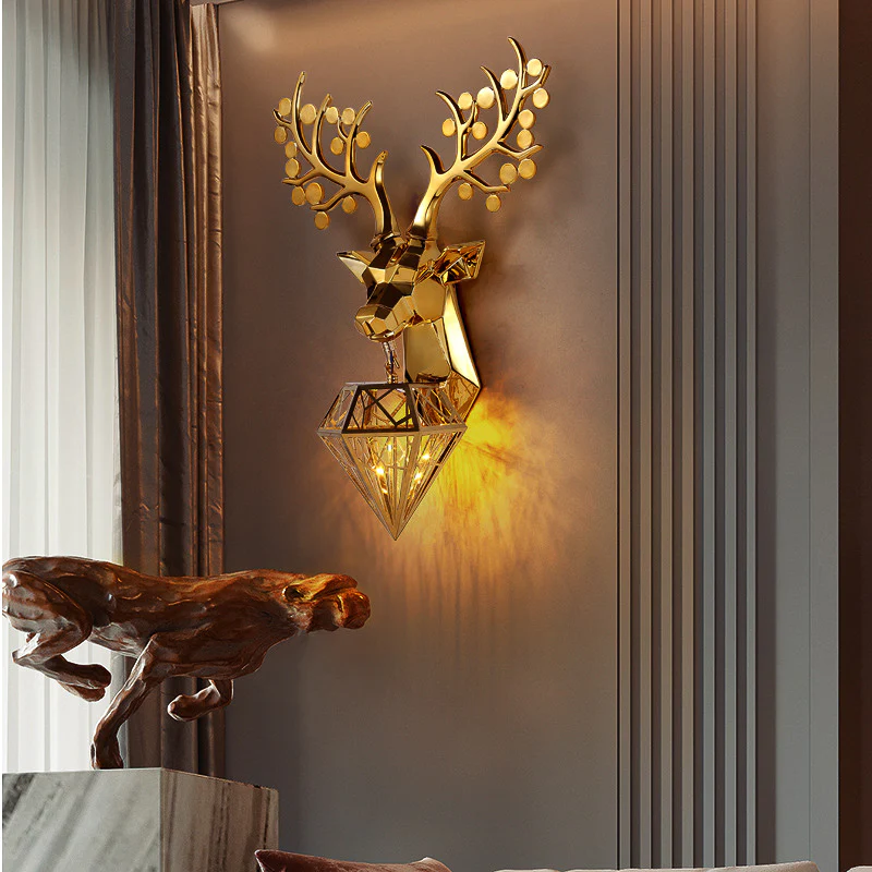 Swanart Luxurious Golden Deer Head Wall Light – Modern LED Crystal Diamond Sconce with Gold Finish, Elegant Animal-Inspired Wall Lamp for Living Room, Bedroom, Hallway & Hotel Decor