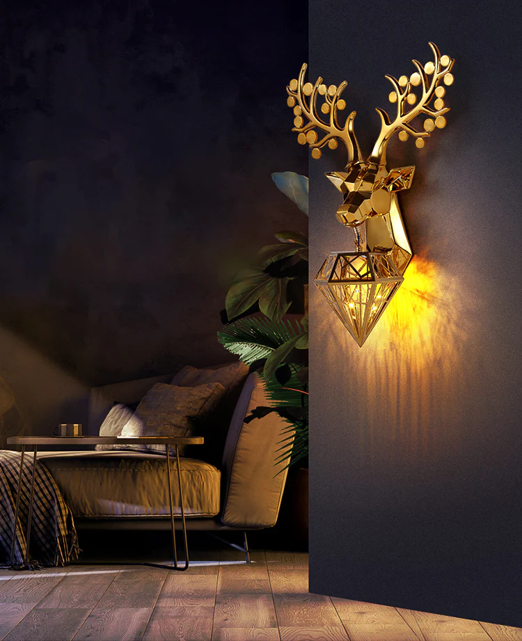 Swanart Luxurious Golden Deer Head Wall Light – Modern LED Crystal Diamond Sconce with Gold Finish, Elegant Animal-Inspired Wall Lamp for Living Room, Bedroom, Hallway & Hotel Decor