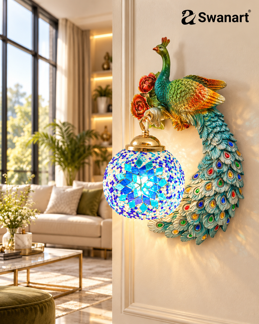 Swanart Aurepeck peacock wall light with mosaic glass shade, decorative LED wall lamp in a luxe room setting