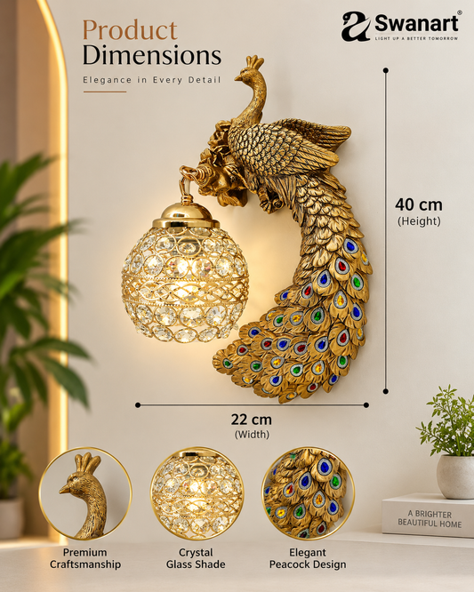 Elegant Glitzail Peacock wall lamp by Swanart featuring a golden finish and crystal globe, decorative wall light design.