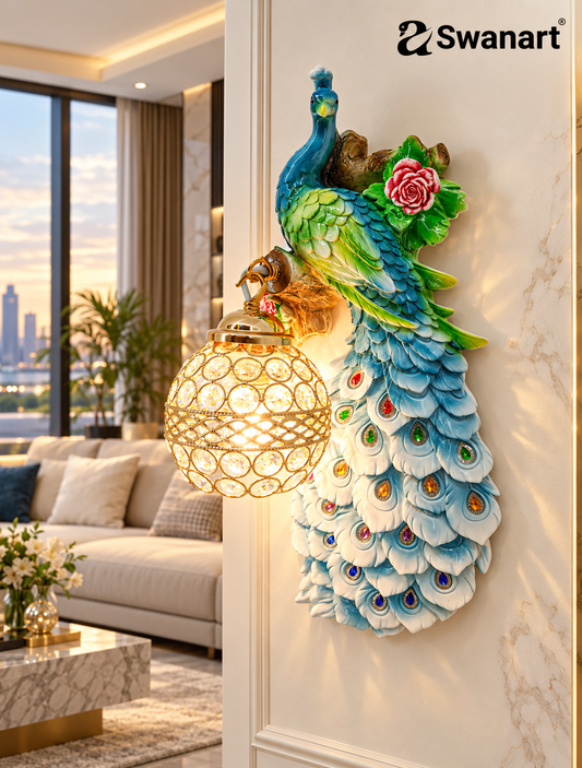 Swanart decorative peacock wall light with crystal accents, vibrant colors, gold details, 3D handcrafted design for living room decor