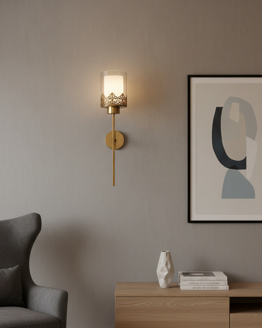 Swanart gold wall sconce with glass shade, vintage metal design, decorative wall light for living room, bedroom, or hallway.