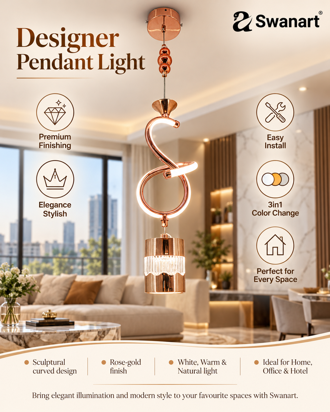 Rose gold Swanart modern spiral pendant light with crystal accents, hanging LED lamp, adjustable height for dining, living, or bedroom decor.