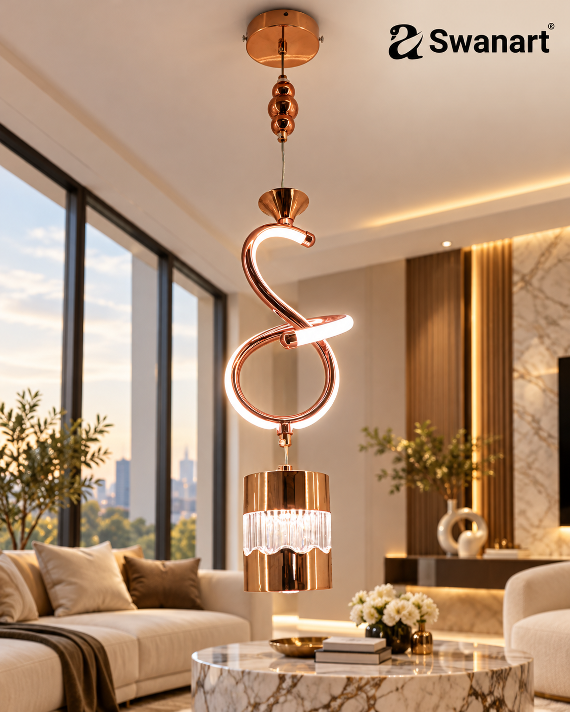 Swanart modern rose gold spiral pendant light with crystal accents, hanging fixture with adjustable height in a stylish living room setting