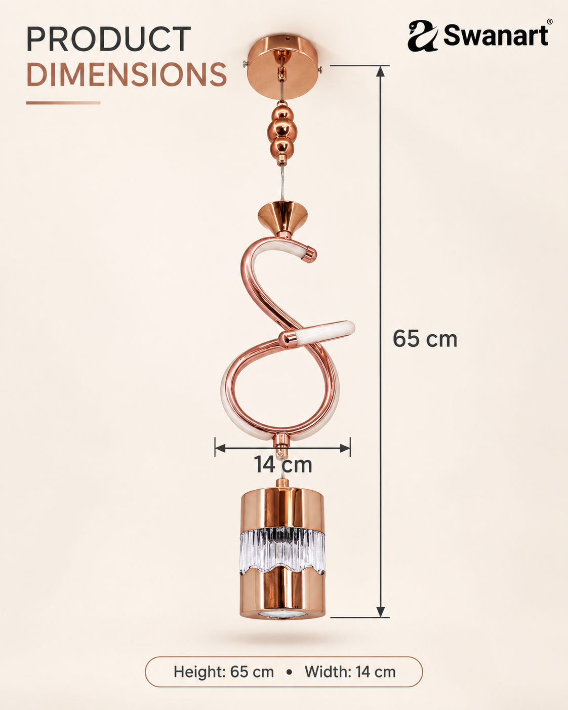 Rose gold spiral pendant light by Swanart with crystal accents, adjustable height LED hanging lamp for dining, living, or bedroom decor.