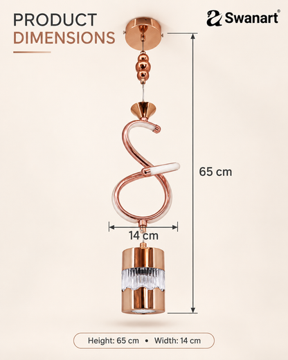 Rose gold spiral pendant light by Swanart with crystal accents, adjustable height LED hanging lamp for dining, living, or bedroom decor.