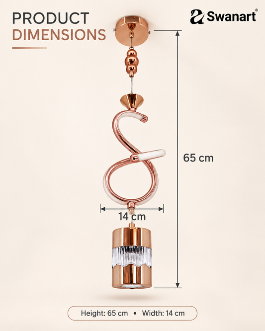 Rose gold spiral pendant light by Swanart with crystal accents, adjustable height LED hanging lamp for dining, living, or bedroom decor.