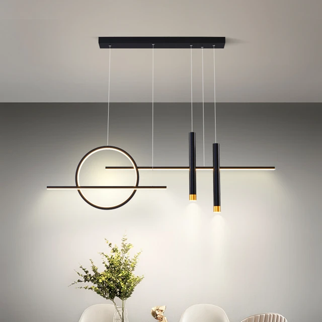 Swanart modern LED pendant light with black and gold finish, linear ring chandelier hanging over dining or living room.